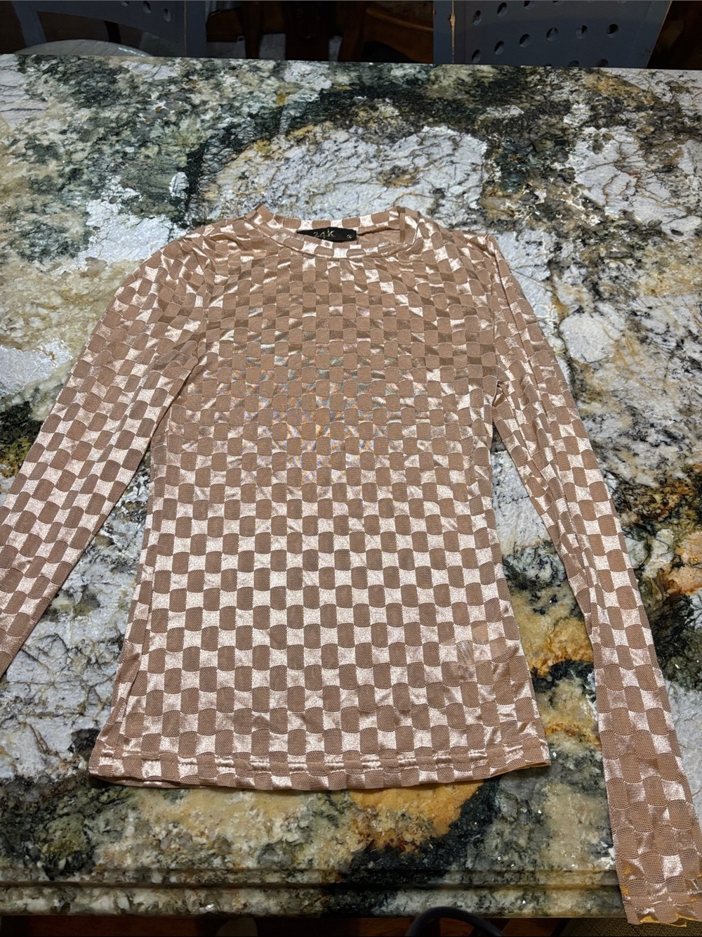 Women’s Long Sleeve Checker Velvet Top with lace  - Nude/Tan